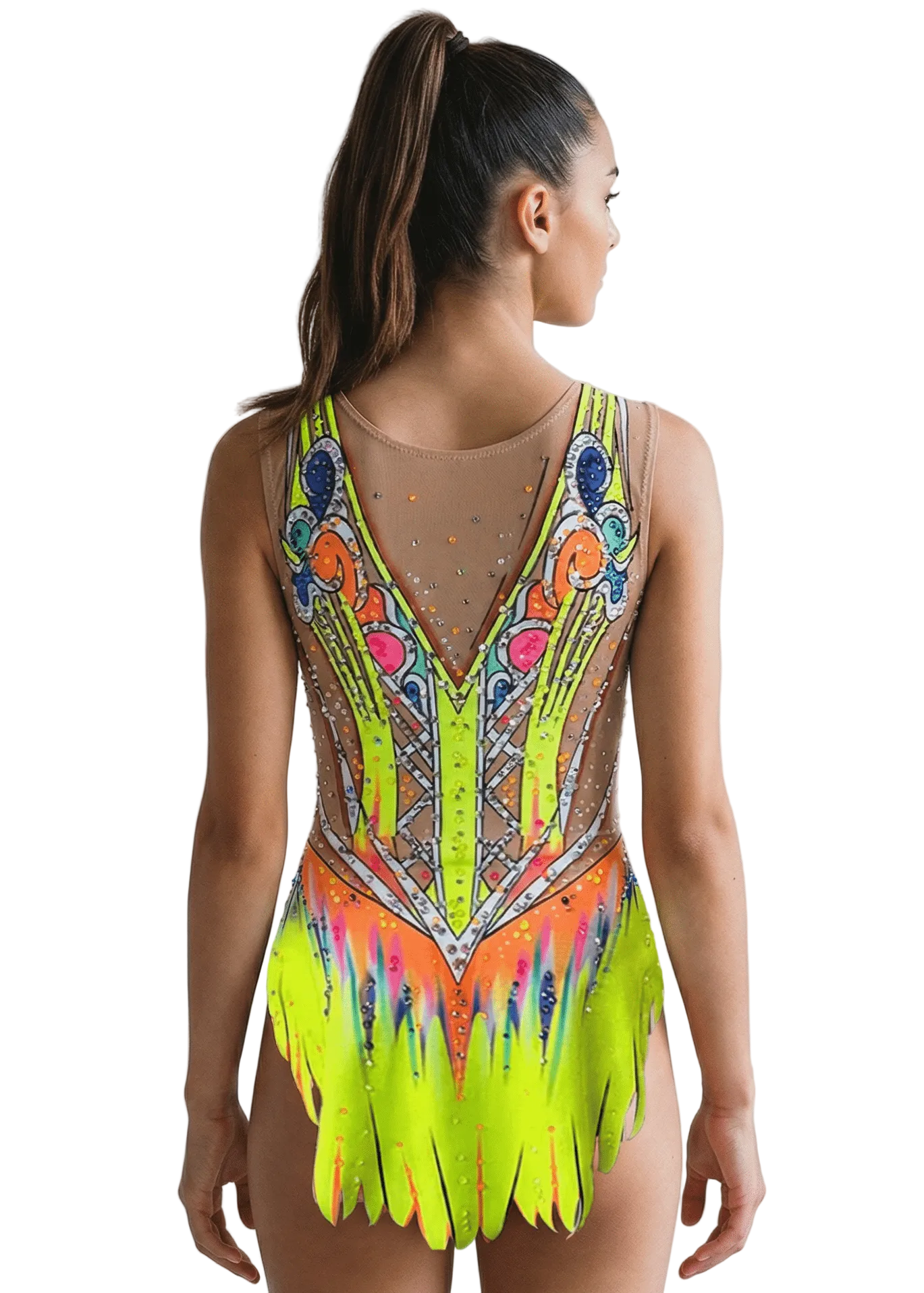 Espalda de maillot rítmico neón multicolor con transparencias tono piel, pedrería brillante y diseño simétrico con falda recortada vibrante.
Espalda de maillot de gimnasia rítmica en tonos neón con pedrería abundante, transparencias tono piel y motivos ornamentales definidos.
Espalda de maillot rítmico multicolor neón con líneas decorativas, pedrería dispersa y falda recortada de estilo llamativo.
