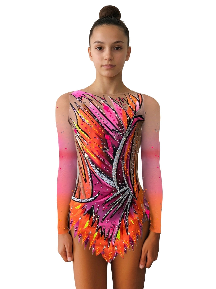 Justaucorps GRS Bora Vinkova, face : rose et orange, lignes courbes noires, manches longues.