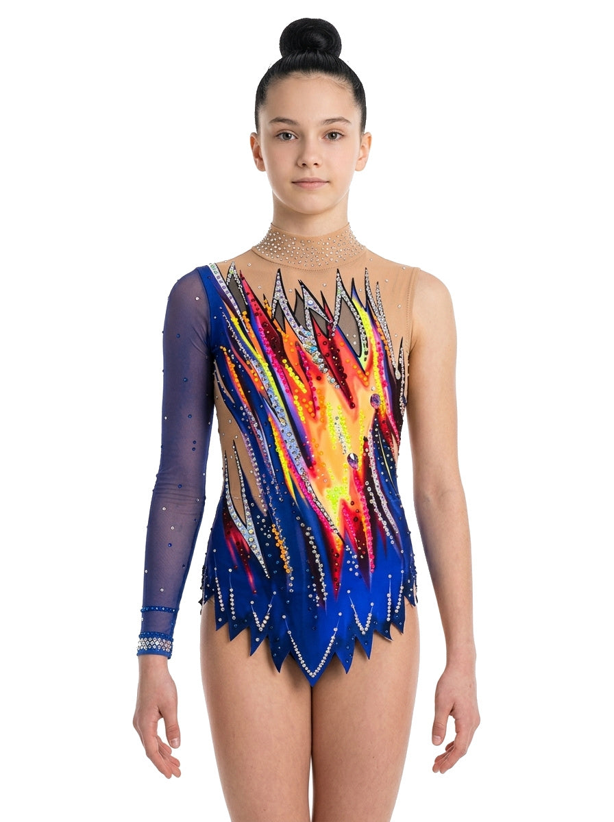 Justaucorps GRS Dexa Vinkova, face : bleu, rayons multicolores, une manche longue.