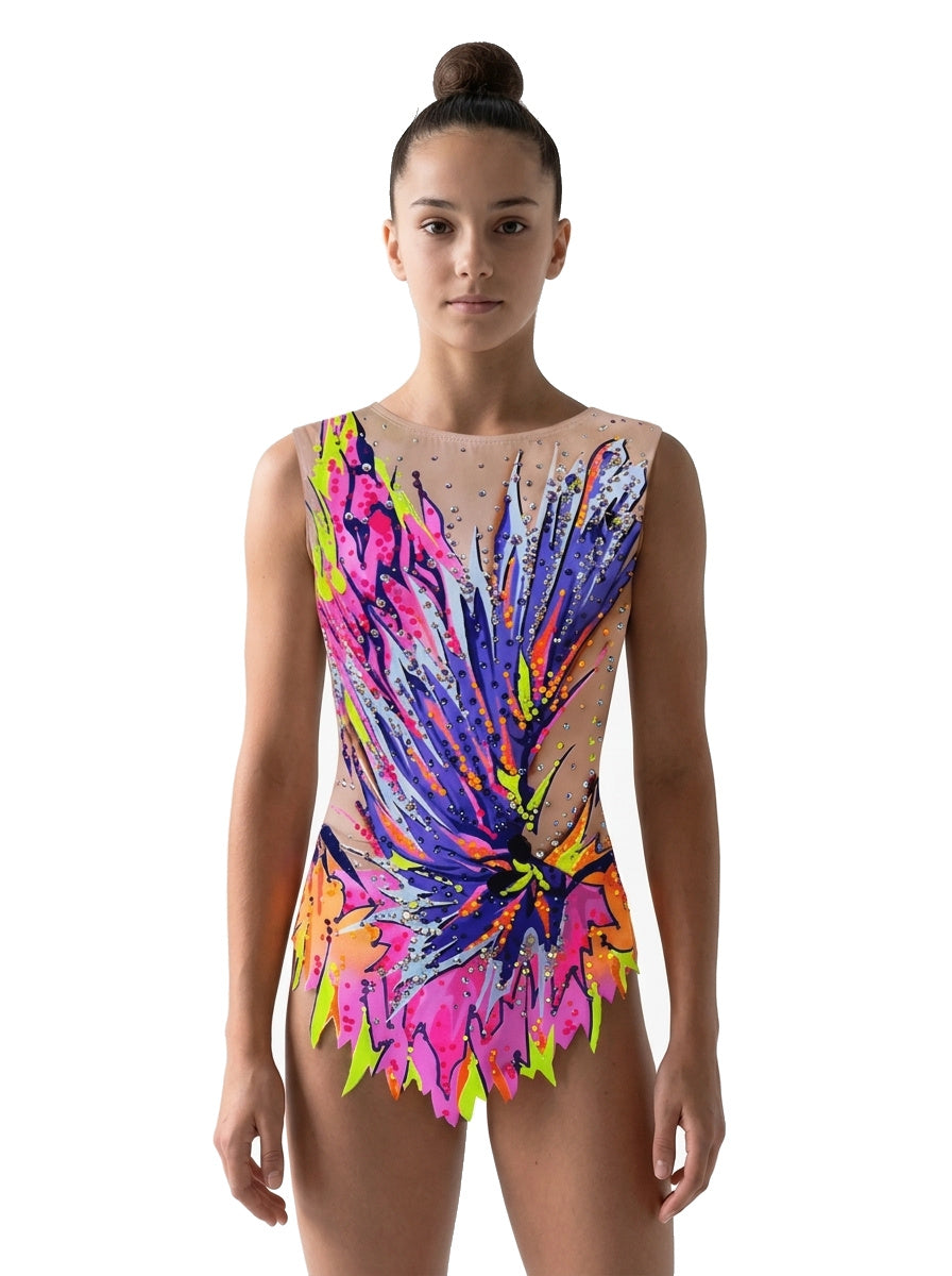 Vinkova Isla rhythmic gymnastics leotard, front: pink, violet and neon yellow, rhinestones, pointed skirt.