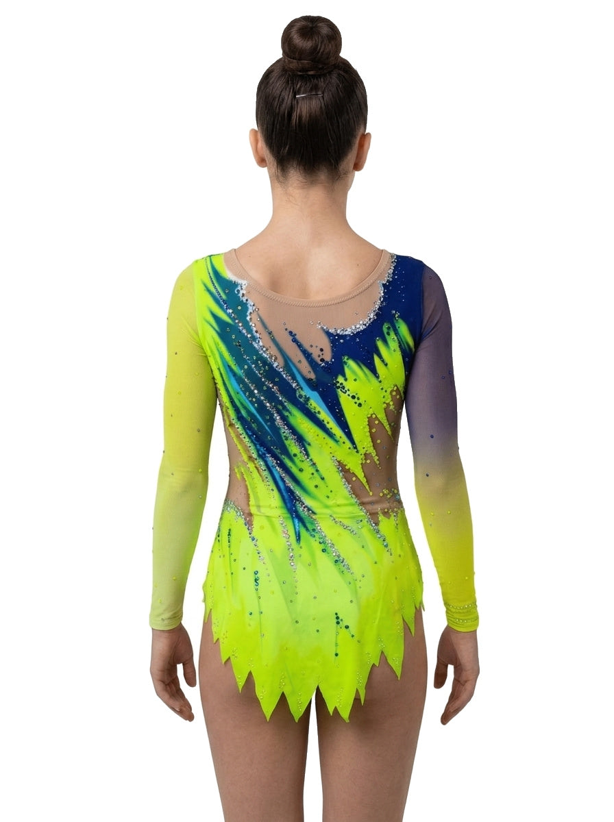 Maillot Leva Vinkova, espalda: lima y azul, mangas largas, líneas diagonales.