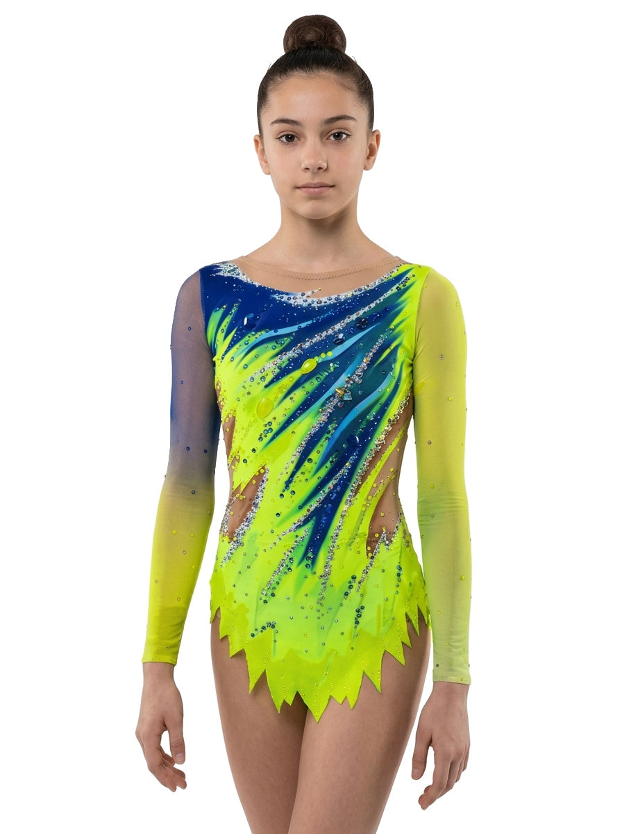 Vinkova Leva rhythmic gymnastics leotard, front: lime and blue, long sleeves, pointed skirt.