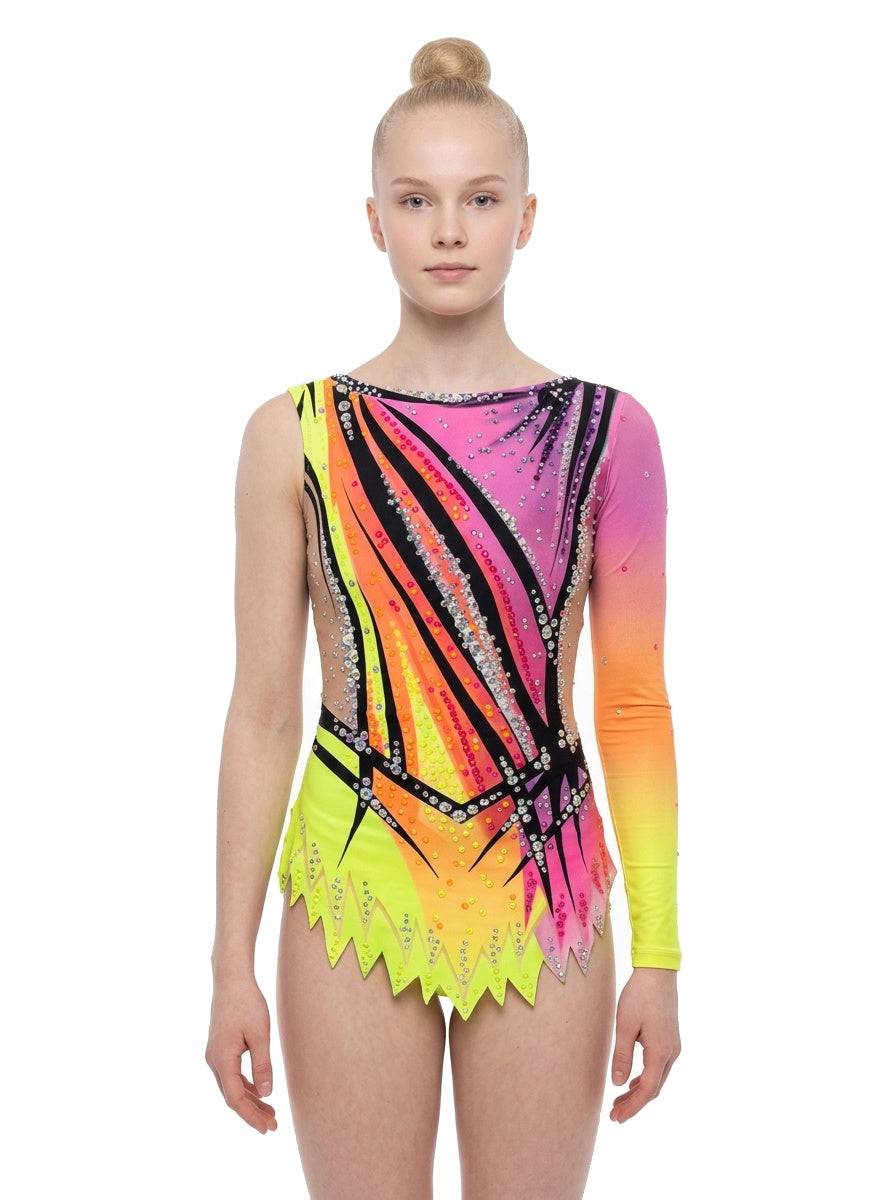 Justaucorps GRS Lily Vinkova, face : rose, orange et jaune fluo, diagonales noires, une manche longue.