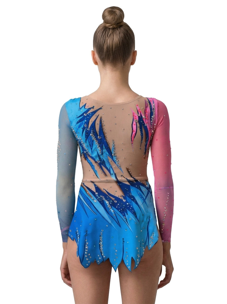 Maillot Viva Vinkova, espalda: azul y rosa, mangas largas, panel tono piel.