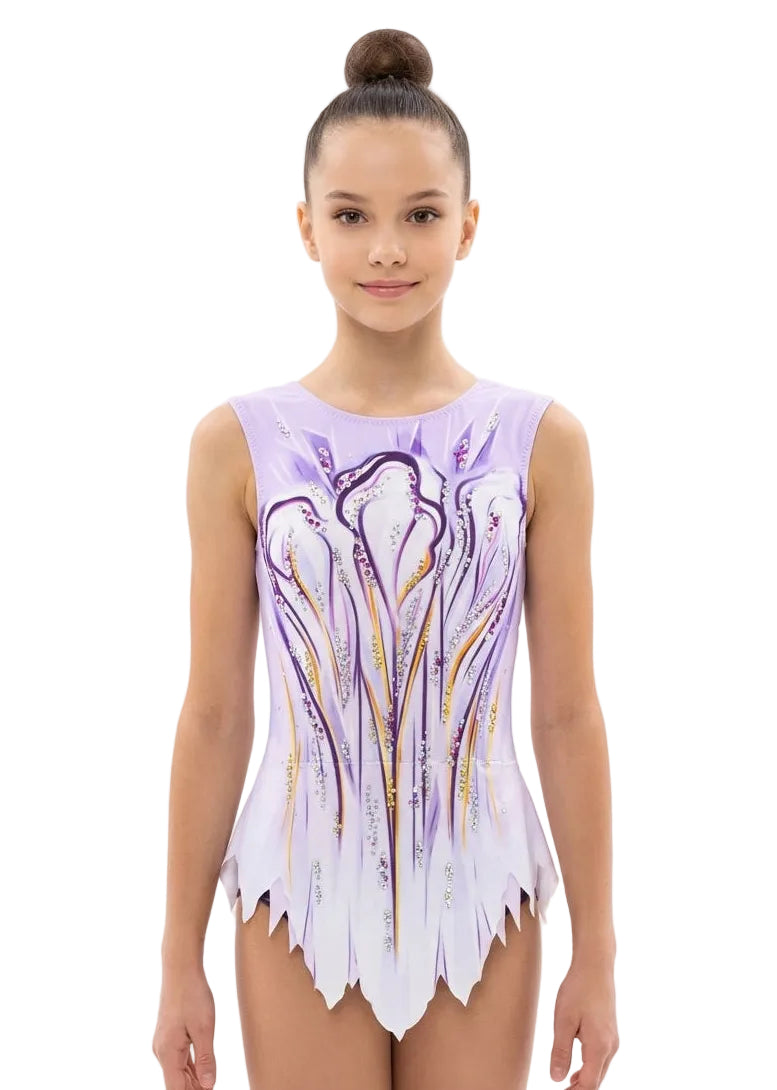 Sleeveless Philadelphia gymnastics leotard, pink and orange design with rhinestones for competition