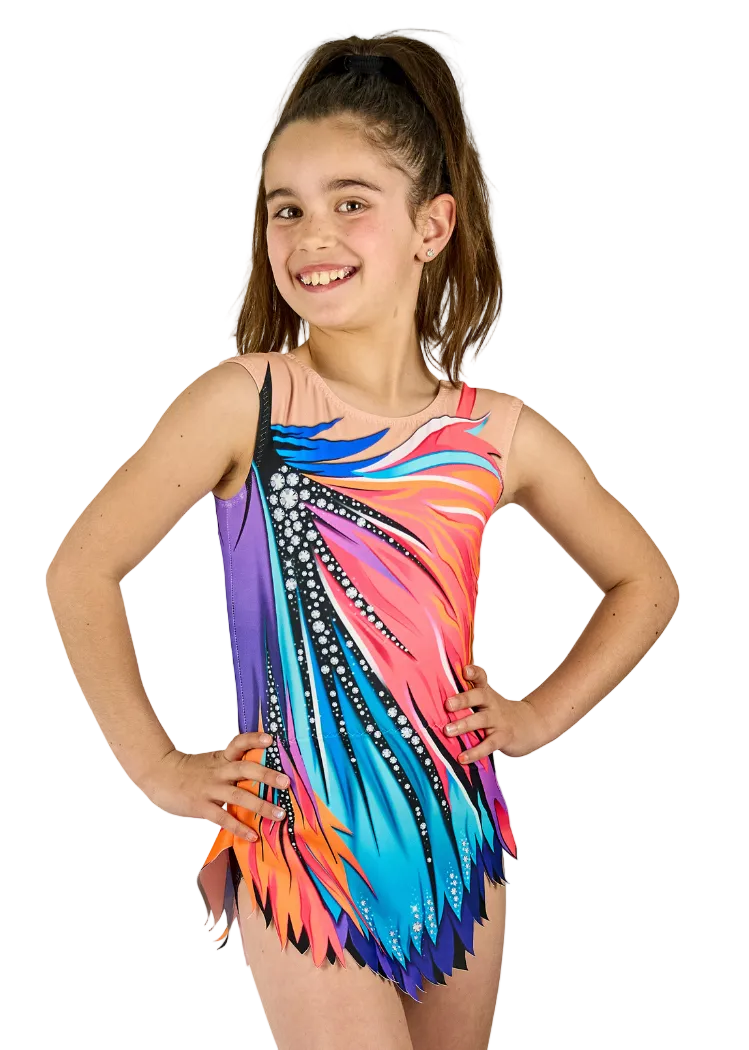 Diseño de maillot ritmica colores naranjas, azules, morados con cristales de imitación