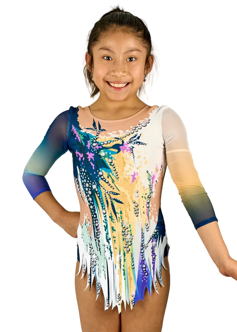 Maillot de gimnasia rítmica elástico con degradados en azul, naranja y motivos abstractos en blanco y verde.