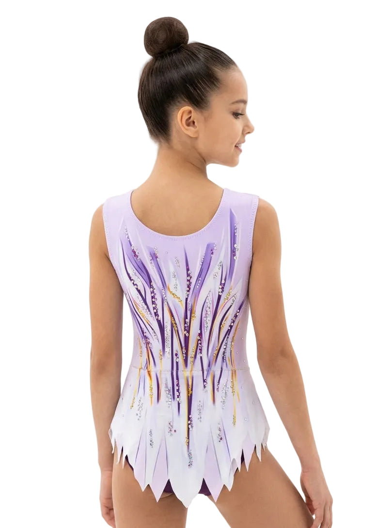 Philadelphia competition leotard, fuchsia and purple geometric print with skirt and crystals