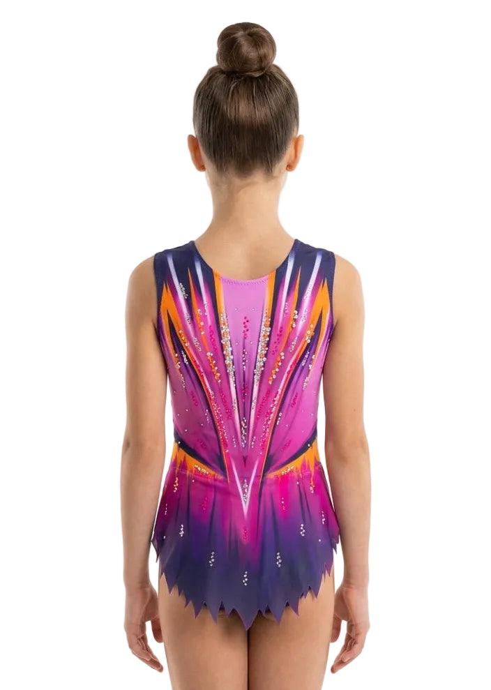 Competition leotard with skirt, purple and fuchsia gradient with phoenix rhinestone decoration