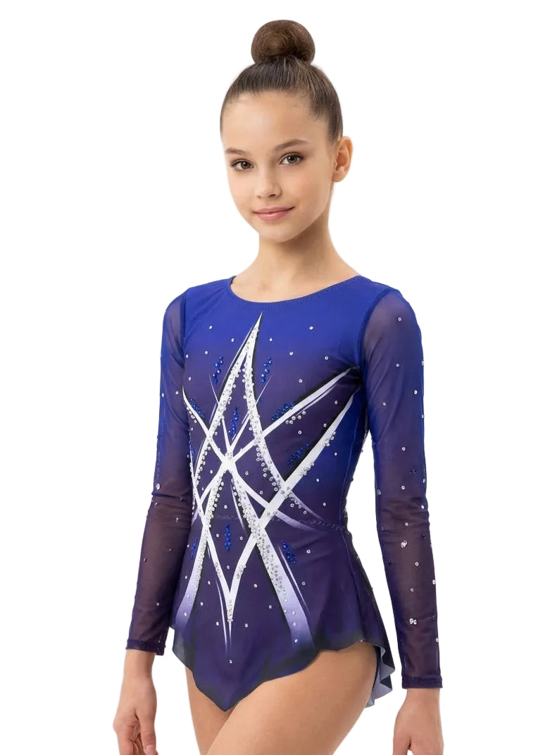 Dark violet rhythmic competition leotard geometric design with crystals Texas model