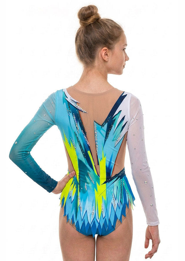 Justaucorps professionnel de gymnastique rythmique avec manche longue asymétrique en blanc et bleu.