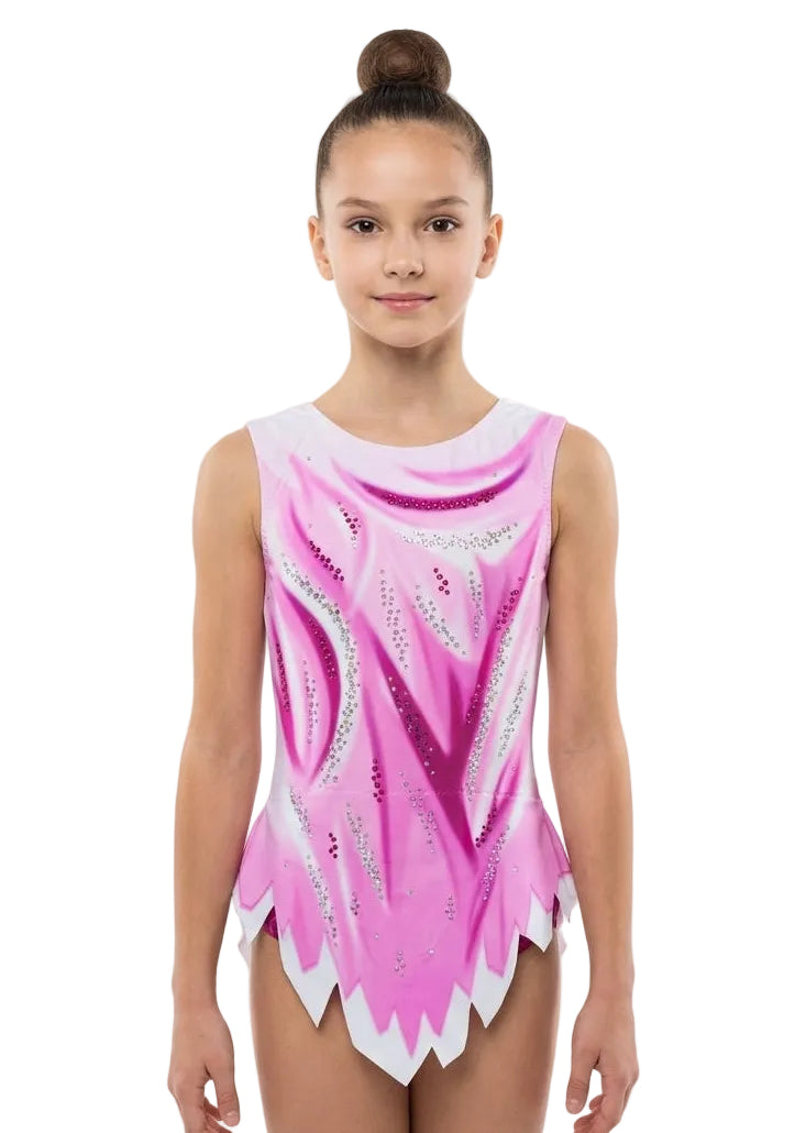 Pink and white rhythmic gymnastics leotard with artistic gradient and sparkling rhinestone details for competition.