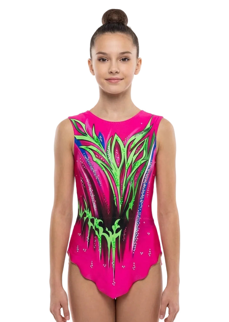 Fuchsia Portland model rhythmic gymnastics leotard with neon green graphics, blue details and competition rhinestones.