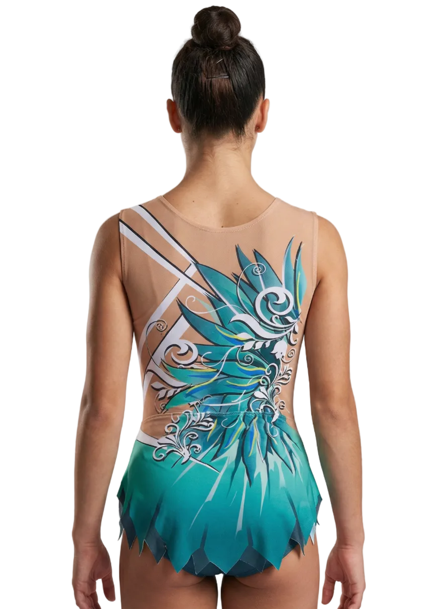 Justaucorps de gymnastique rythmique dans des tons turquoise et vert avec strass, dégradés et motifs floraux créant un style élégant.
Justaucorps de gymnastique rythmique de couleur claire avec verts intenses, détails blancs, strass brillants et design floral d'apparence dynamique.
Dos d'un justaucorps de gymnastique rythmique sur base claire avec verts et turquoises, strass et motifs floraux fluides.
