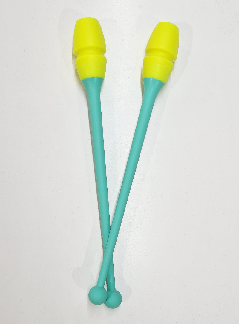 Mazas de gimnasia rítmica engarzables menta y amarillo para gimnasia.