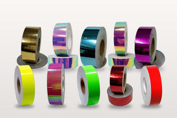 Ten VINKOVA adhesive tape rolls for rhythmic gymnastics hoops and clubs: gold, turquoise, fuchsia and red mirror, iridescent and fluo solids.