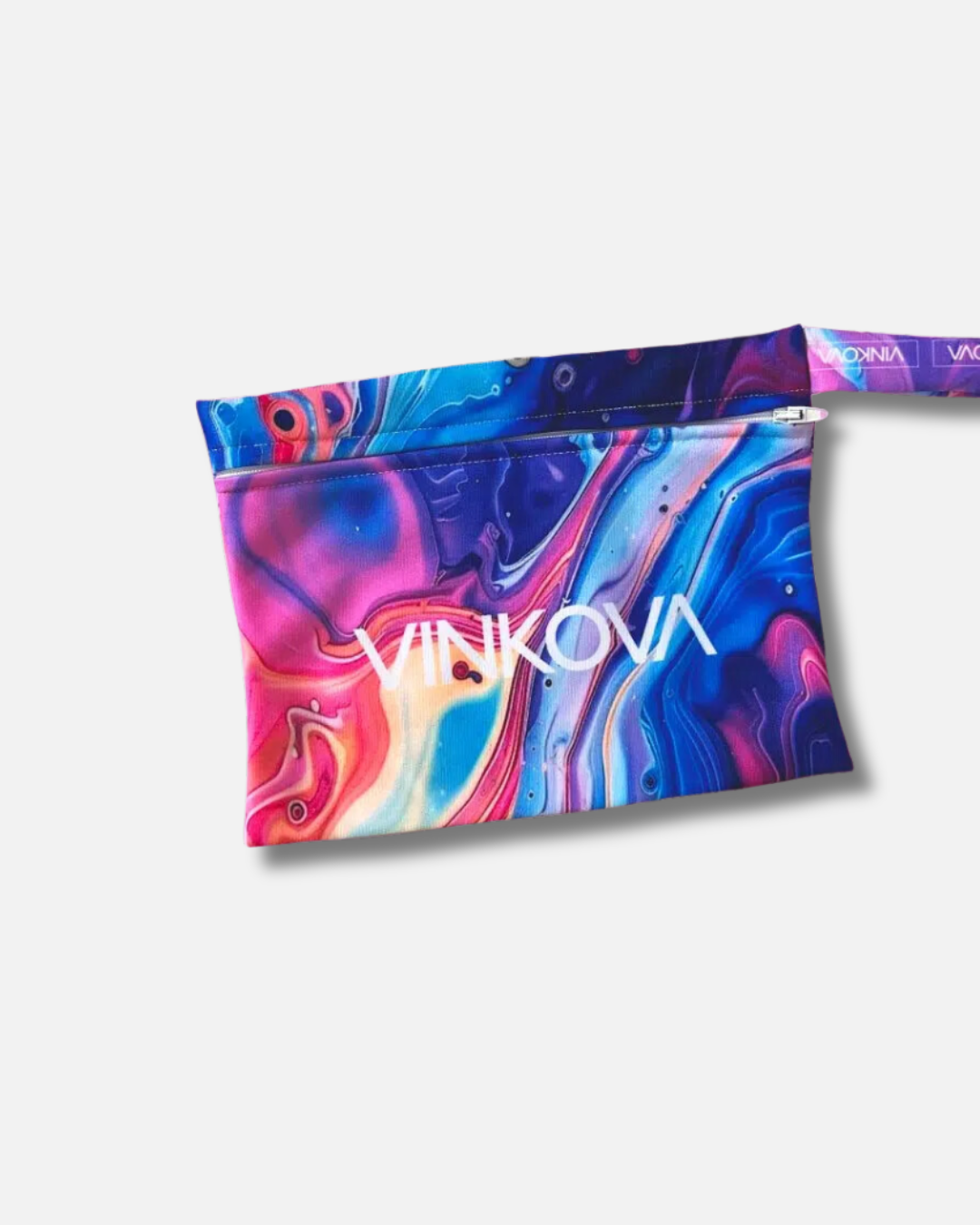 Trousse Vinkova à motif rose et bleu multicolore, zip et dragonne.