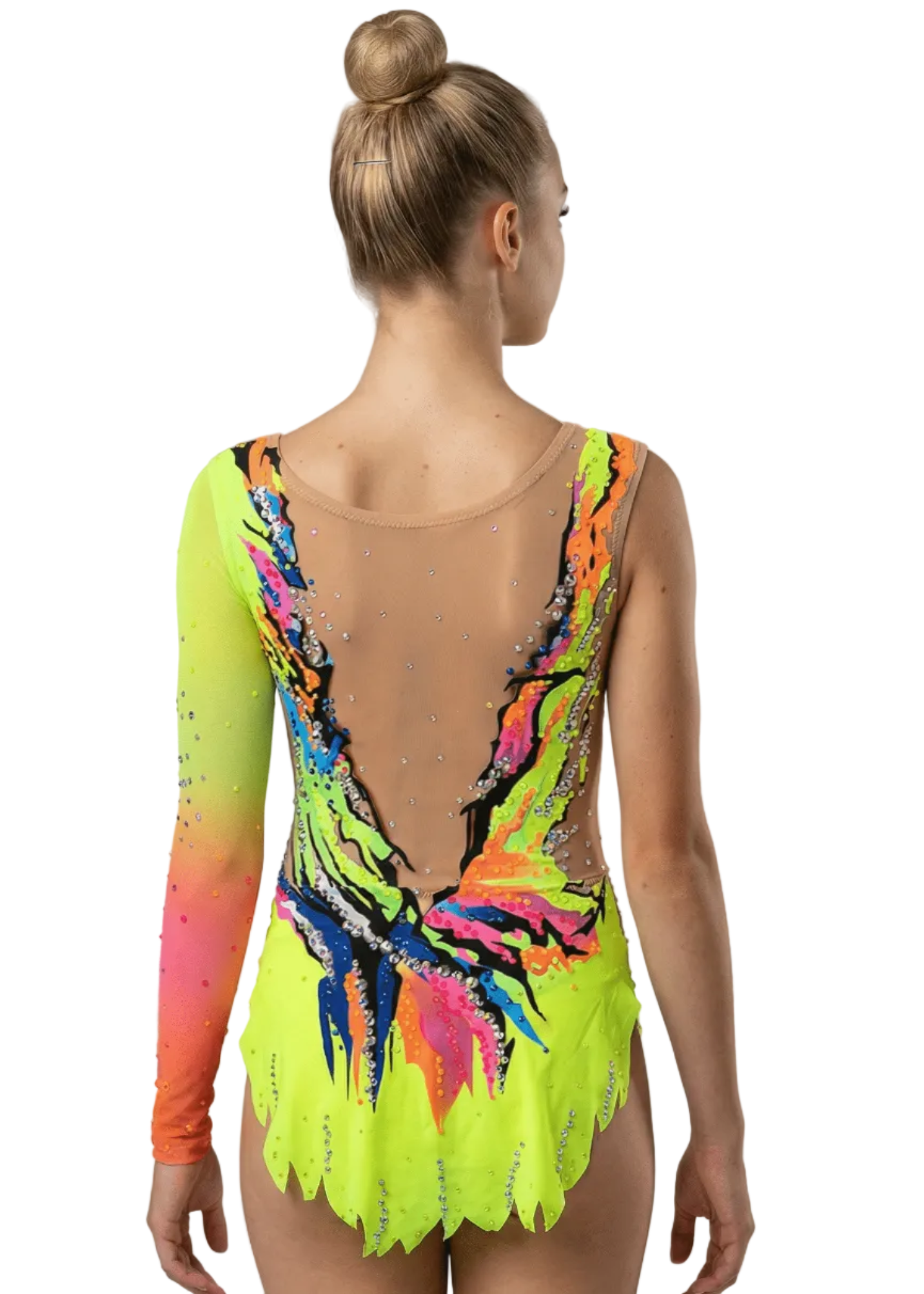 Espalda de maillot rítmico neón multicolor con transparencias tono piel, pedrería brillante y formas onduladas de estilo vibrante.
Espalda de maillot de gimnasia rítmica en tonos neón con pedrería dispersa, transparencias tono piel y diseño fluido asimétrico.
Espalda de maillot rítmico multicolor neón con falda recortada, pedrería abundante y trazos dinámicos de estilo llamativo.