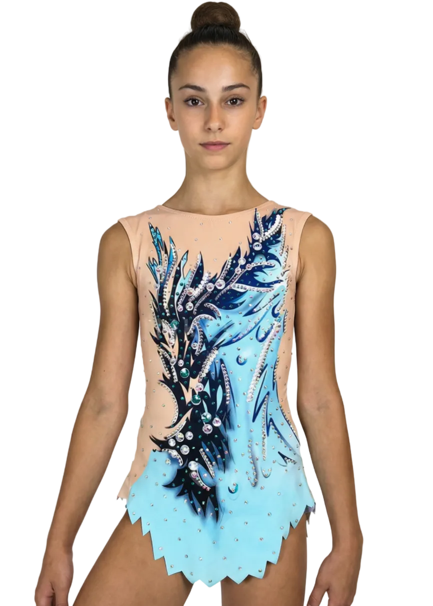 Justaucorps de gymnastique rythmique en bleu et céleste avec strass abondants, dégradés doux et motifs fluides créant un style aquatique.
Justaucorps de gymnastique rythmique de couleur claire avec bleus intenses, détails célestes, strass brillants et design ondulé d'apparence dynamique.
Dos d'un justaucorps de gymnastique rythmique sur base claire avec bleus et célestes, strass et motifs fluides de style aquatique.