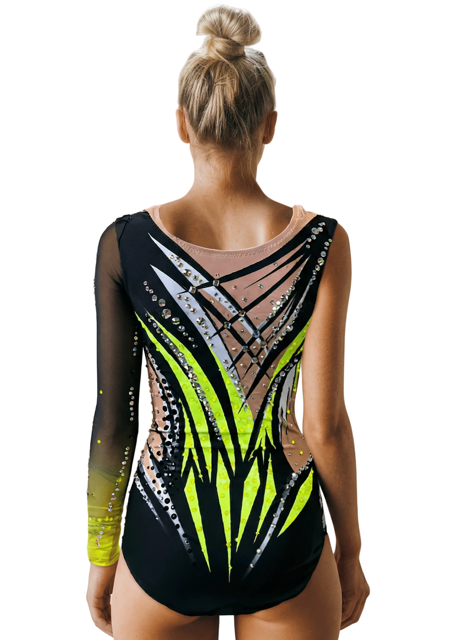 Espalda de maillot rítmico negro y amarillo neón con transparencias tono piel, pedrería brillante y líneas definidas en estilo enérgico.
Espalda de maillot de gimnasia rítmica en negro y amarillo neón con pedrería abundante, transparencias tono piel y diseño gráfico marcado.
Espalda de maillot rítmico negro y amarillo neón con degradados, pedrería dispersa y formas afiladas de estilo moderno.