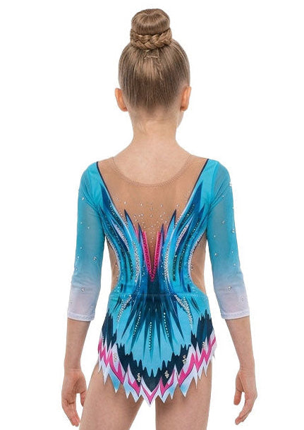 Maillot elástico turquesa de manga larga con cristales y aberturas laterales para gimnastas.