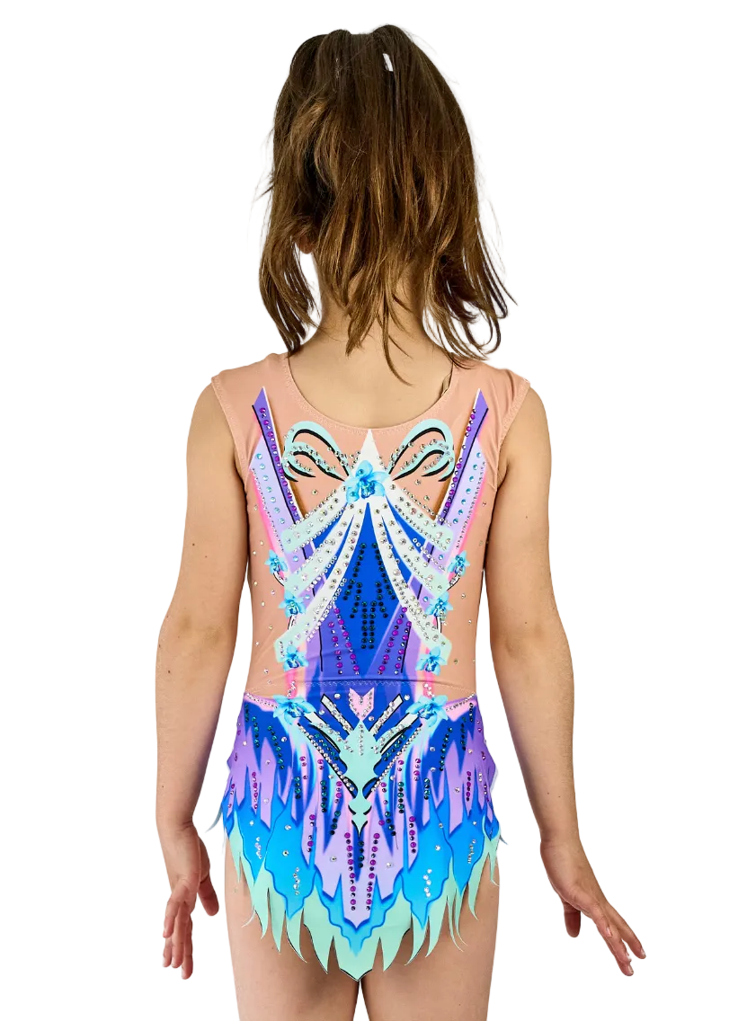 Competition leotard with symmetrical heraldic design in royal blue and violet.