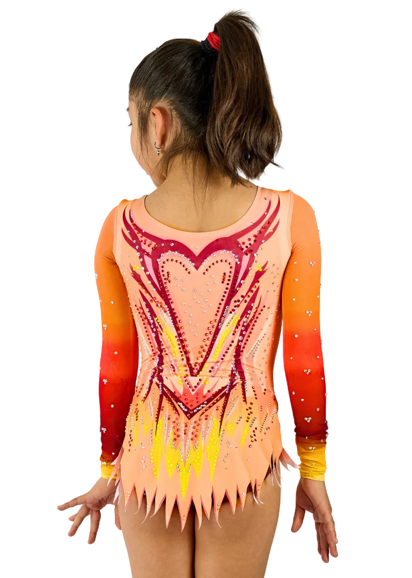 Competition leotard with gradient from orange to maroon red and rhinestones.