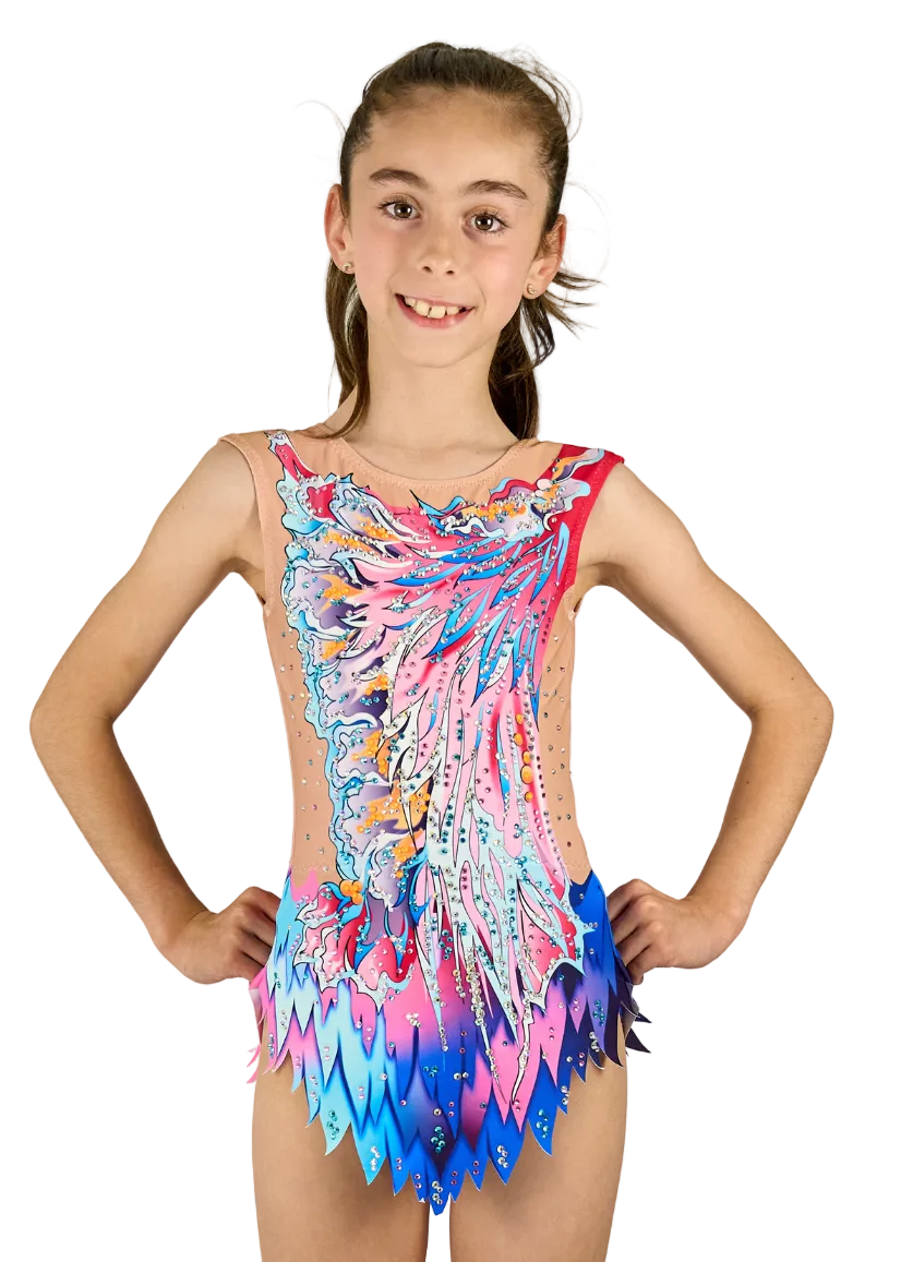 Muffin model rhythmic gymnastics leotard in coral and blue with rhinestones.