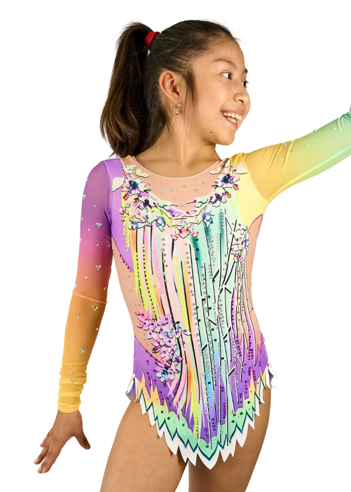 Trufa model multicolor rhythmic gymnastics leotard with flowers and rhinestones.