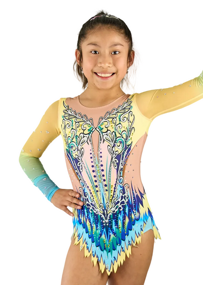 Competition leotard with ornamental motifs in royal blue and lime gradient.