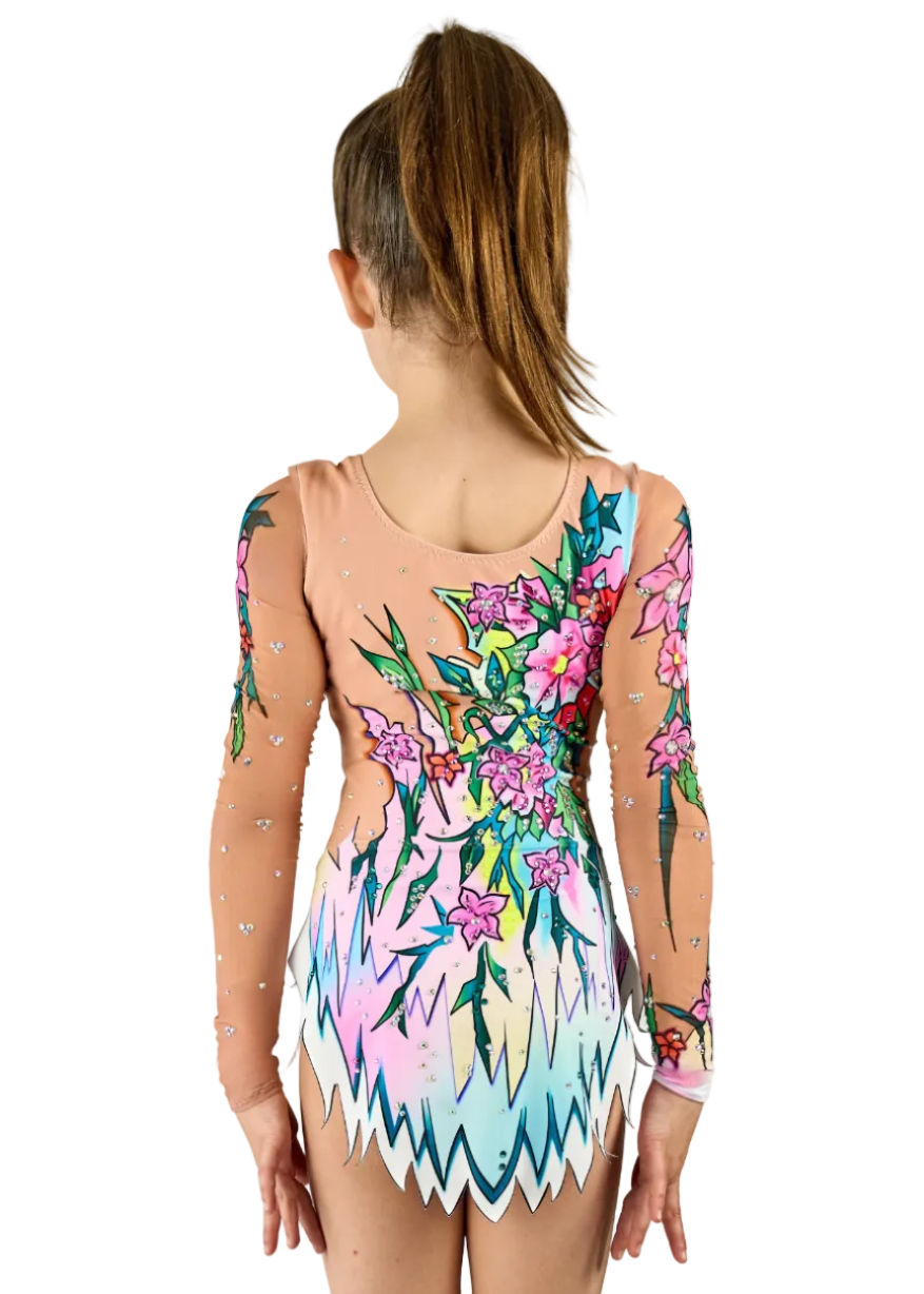 Justaucorps de compétition avec motif de colibri et végétation aux couleurs vibrantes.