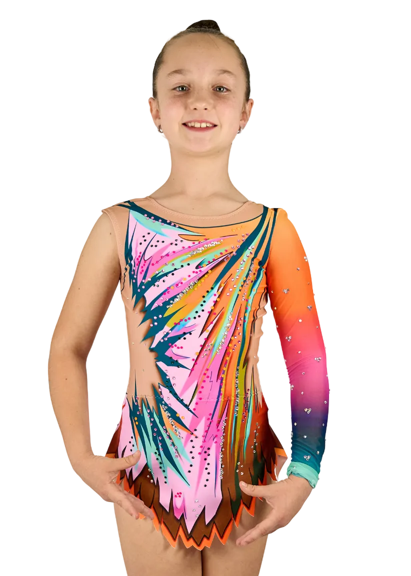 Moka model rhythmic gymnastics leotard in pink and orange with rhinestones.
