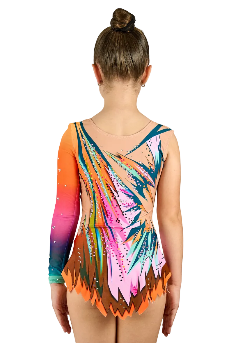 Competition leotard with side ray design in petroleum green and fuchsia.