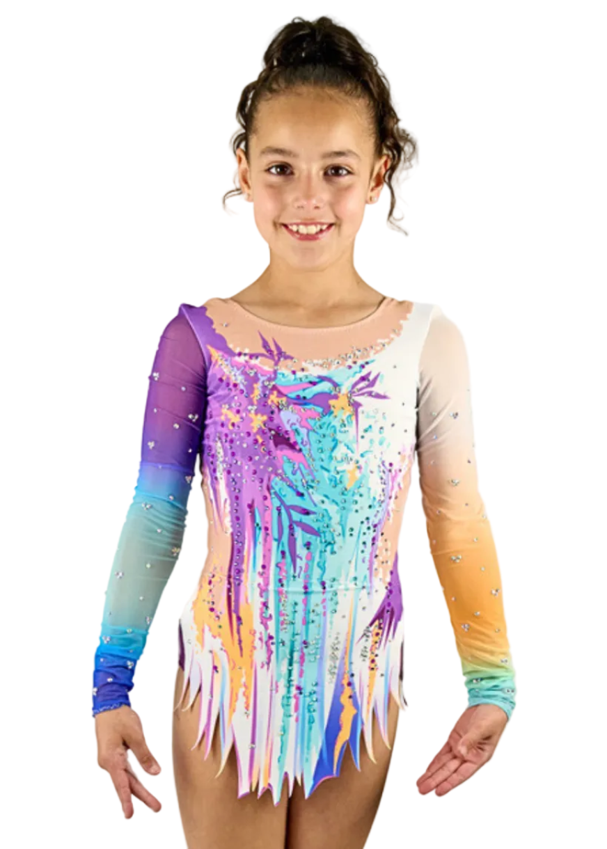 Multicolor Mochi model rhythmic gymnastics leotard with rhinestone details.