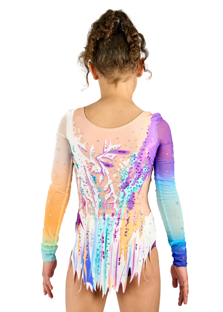 Competition leotard with abstract floral design in violet, turquoise, and yellow.