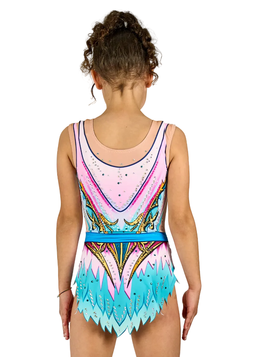 Competition leotard with decorated blue belt and golden side motifs.