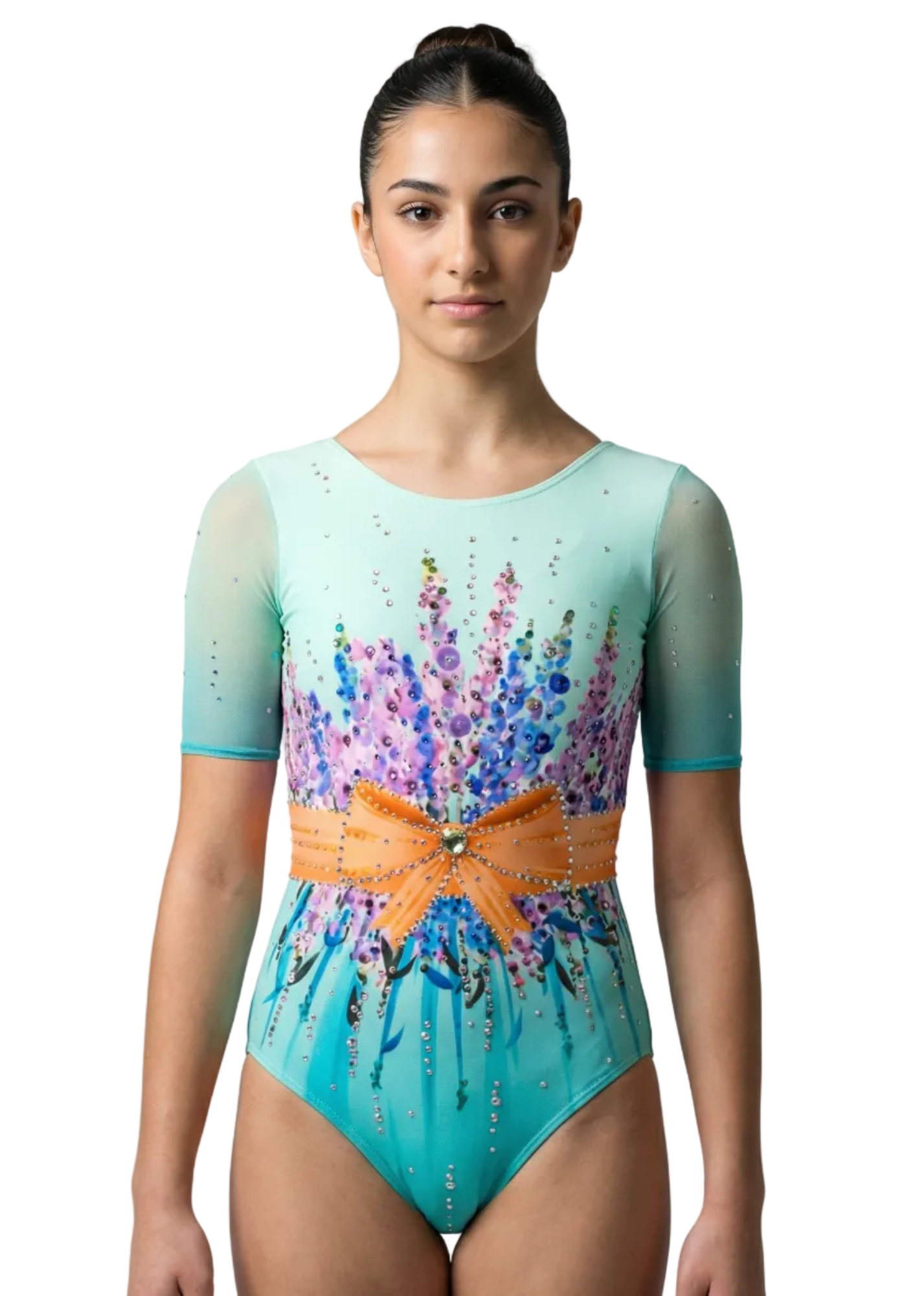 Maillot turquesa de gimnasia rítmica con mangas cortas, pedrería floral multicolor y gran lazo naranja central en estilo delicado.
Maillot rítmico turquesa con degradados, mangas cortas y pedrería floral acompañada de un lazo naranja que destaca el diseño.
Maillot turquesa de gimnasia rítmica con pedrería floral y lazo naranja posterior en un estilo luminoso y armónico.