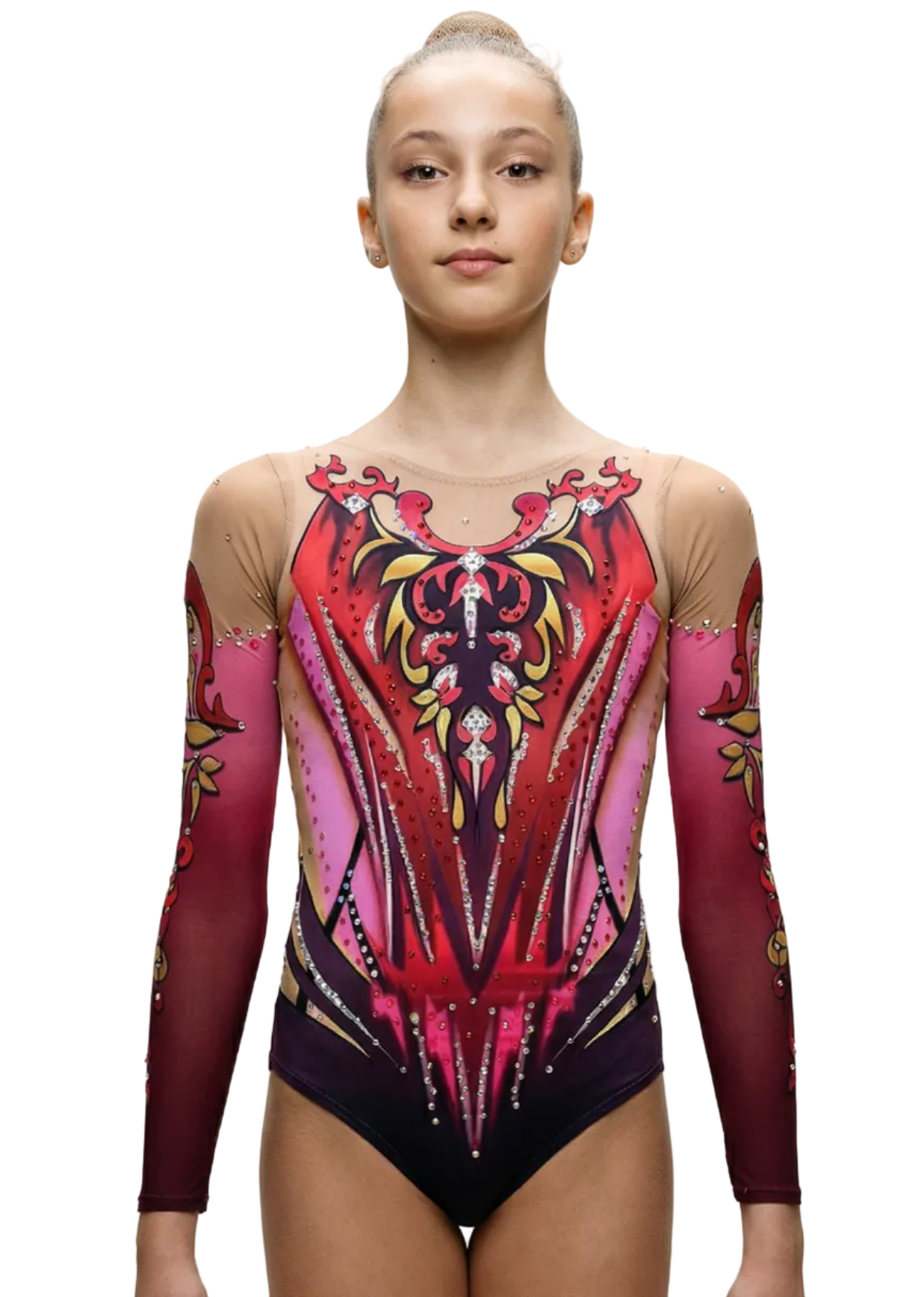 Maillot de gimnasia rítmica rojo y fucsia con mangas largas, pedrería abundante y degradados intensos en un estilo ornamental elegante.
Maillot fucsia y rojo de gimnasia rítmica con transparencias, pedrería brillante y diseño simétrico detallado en un estilo barroco moderno.
Espalda de maillot rítmico rojo con degradados oscuros, pedrería brillante y motivos ornamentales dorados en un estilo elegante y dinámico.