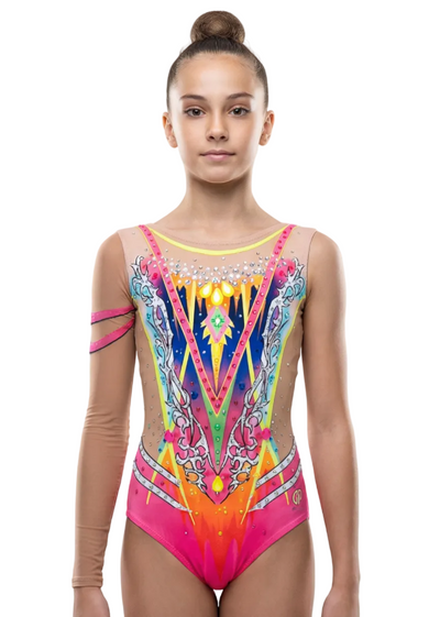 Pink and yellow rhythmic gymnastics leotard with mesh, rhinestones and a multicolor geometric central design in a vibrant and detailed style.
Fuchsia and neon-toned rhythmic leotard with mesh, rhinestones and symmetrical motifs creating a dynamic and luminous look.
Back of a pink rhythmic leotard with mesh, rhinestones and a multicolor geometric design in a bright and exuberant style.