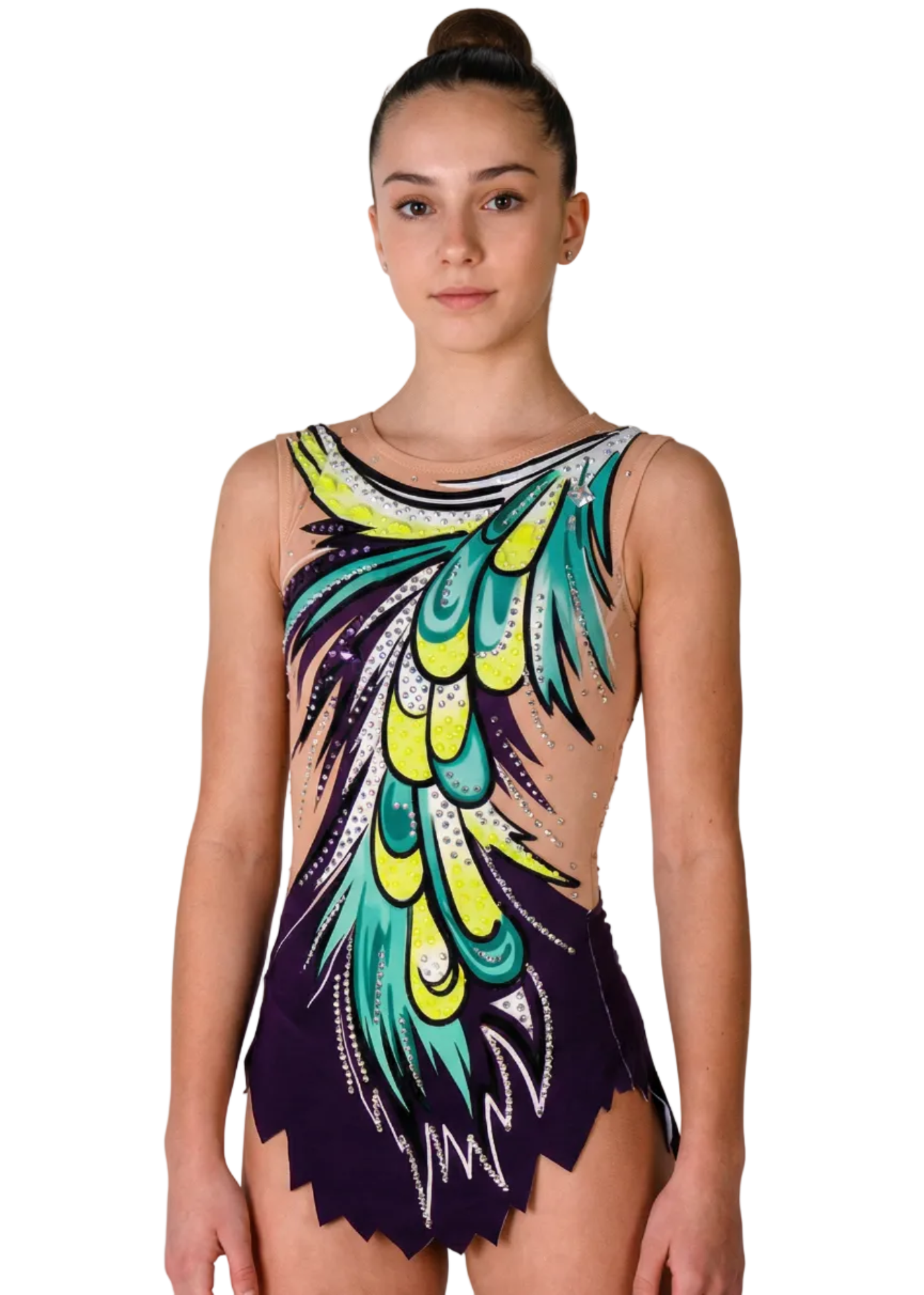 Purple rhythmic leotard with mesh, rhinestones and a large green-yellow feather design creating a dynamic and striking style.
Purple rhythmic gymnastics leotard with mesh, rhinestones and an asymmetrical green and yellow feather motif in a vibrant style.
Back of a purple rhythmic leotard with mesh, rhinestones and a large green and yellow feather design in an energetic style.