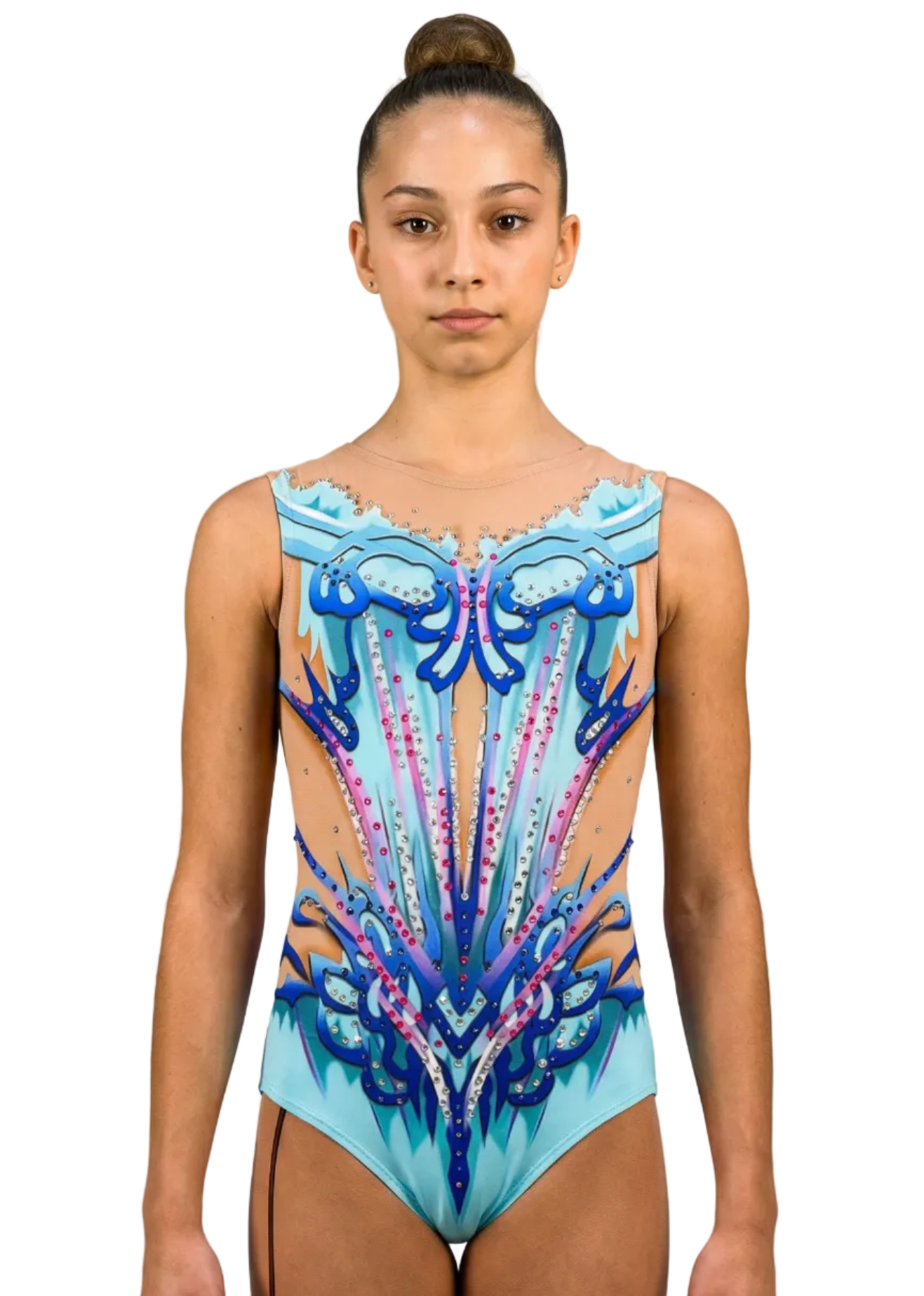Justaucorps de gymnastique rythmique céleste et bleu avec transparences couleur chair, strass brillants et design ornemental symétrique de style élégant.
Justaucorps rythmique bleu et céleste avec détails décoratifs, strass abondants, transparences couleur chair et lignes ascendantes à la finition raffinée.
Dos d'un justaucorps rythmique céleste et bleu avec transparences couleur chair, strass dispersés et motifs symétriques de style élégant.