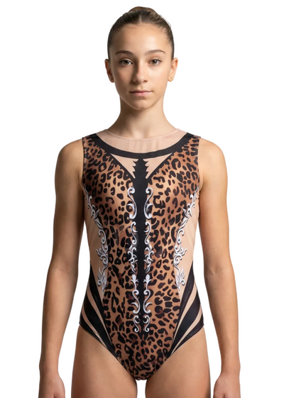 Brown and black animal print rhythmic gymnastics leotard with skin-tone mesh and decorative details in a bold style.
Brown and black rhythmic leotard with a leopard design, skin-tone side mesh, and graphic ornaments in a striking style.
Back of a brown and black animal print rhythmic leotard with skin-tone mesh and a uniform wild-style finish.