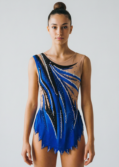 Blue and black rhythmic gymnastics leotard with mesh, abundant rhinestones, and dynamic lines in an elegant and energetic style.
Intense blue rhythmic leotard with black details, mesh, and diagonal-drop rhinestones providing a powerful and sophisticated style.
Back of a blue rhythmic leotard with mesh, rhinestones, and fluid black lines creating a modern and dynamic design.