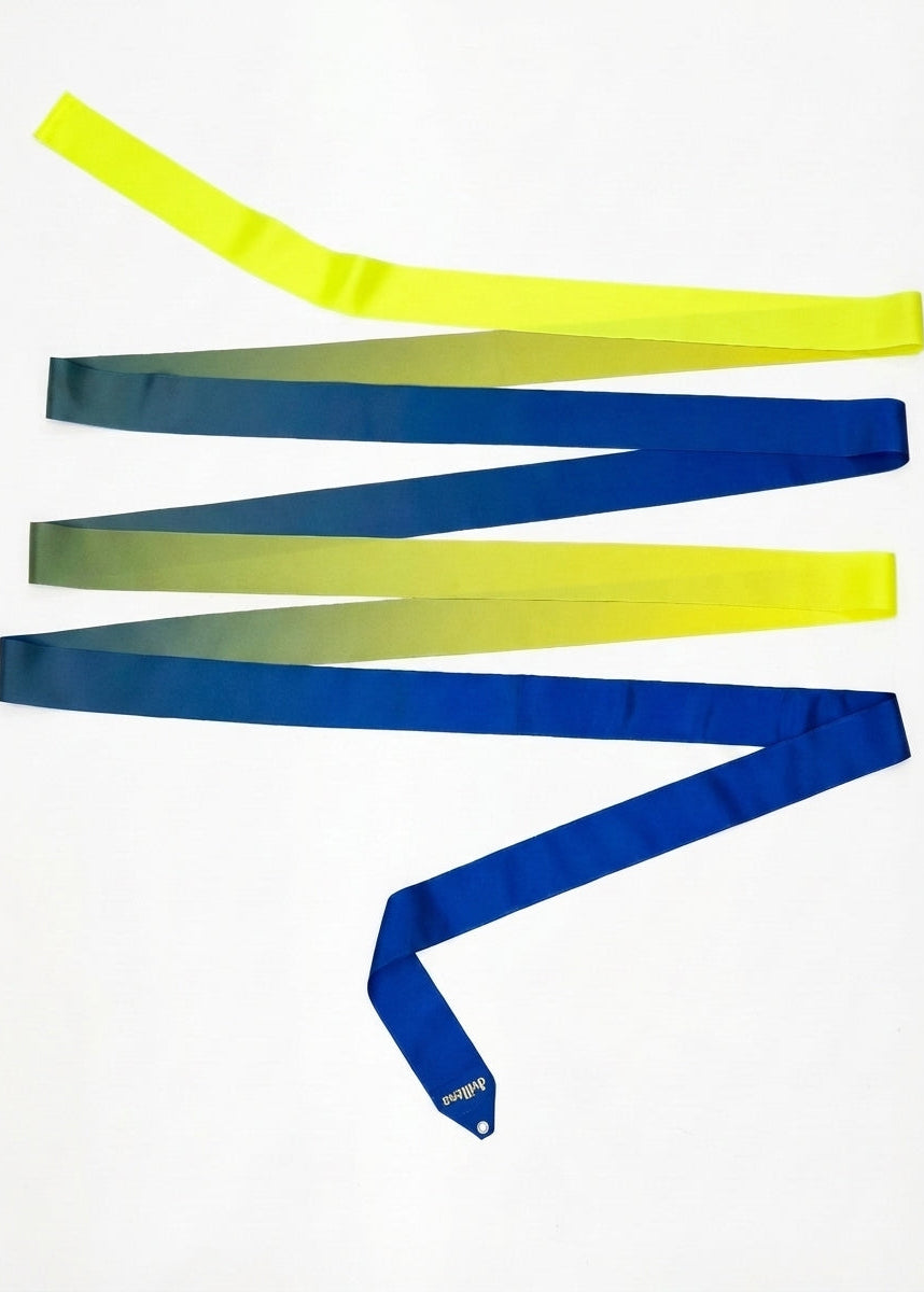 Ruban de gymnastique rythmique dégradé bleu et jaune fluo professionnel.
