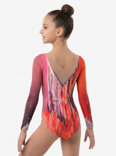 Vista trasera del maillot Goya con escote en V, mangas de dos tonos y trazos verticales hasta el bajo.