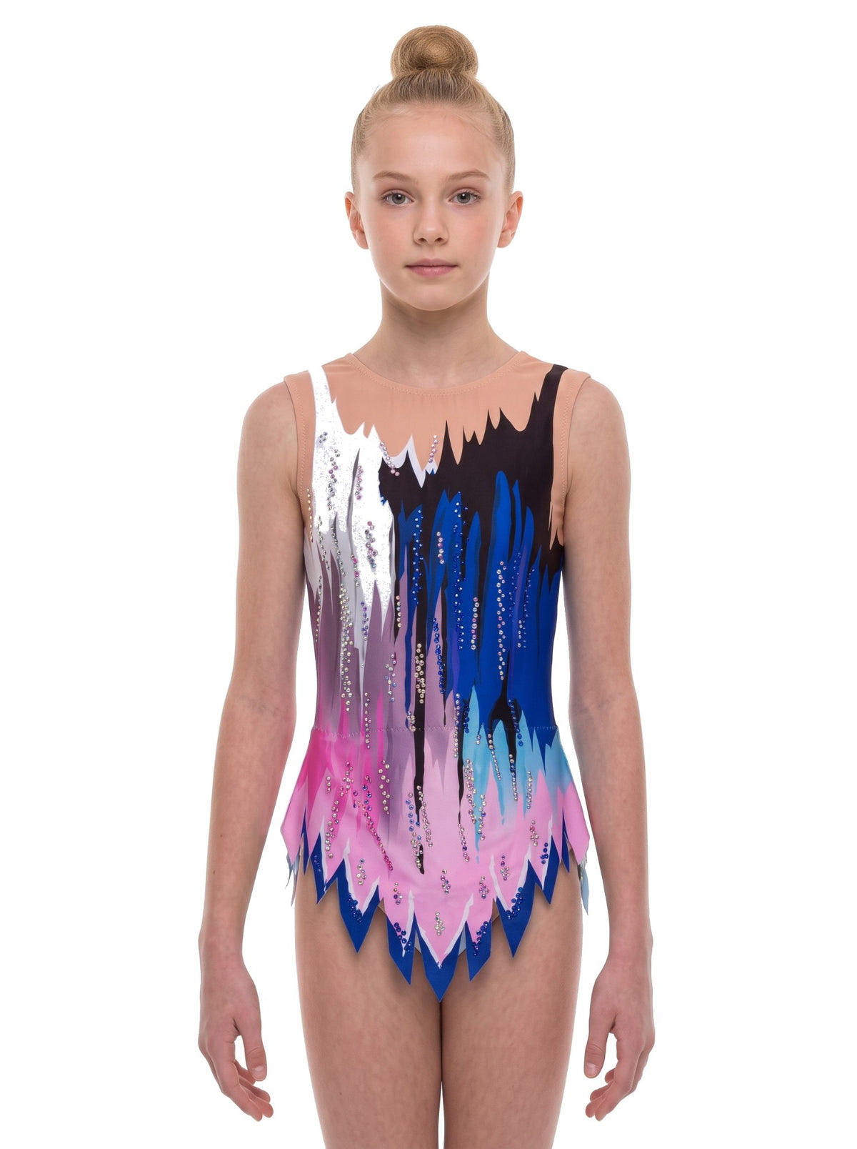 Vue de face du justaucorps GRS Greco sans manches, avec des traits verticaux noirs, blancs et bleus sur rose et lilas.