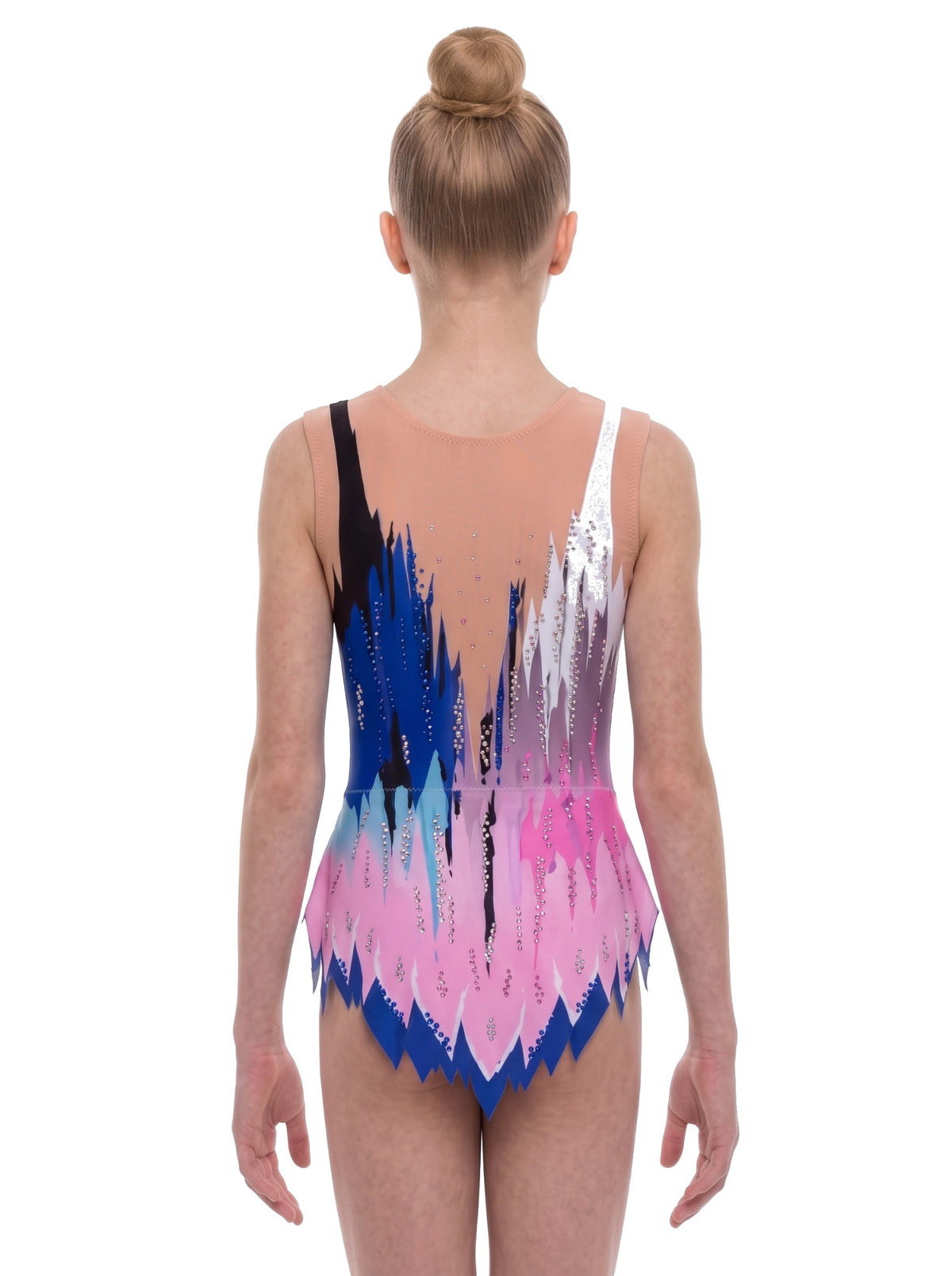 Vue de dos du justaucorps Greco avec son motif vertical bleu, rose et lilas et son bas en pointes.