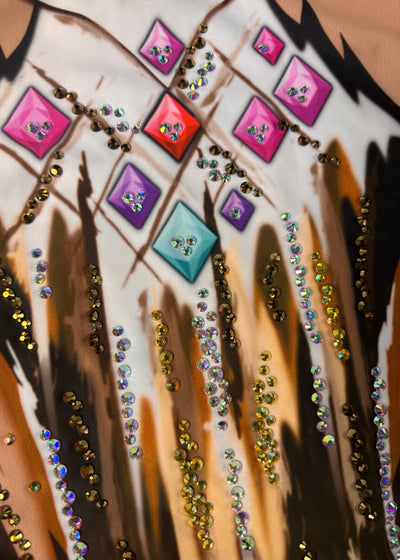 Close-up of pink, lilac and turquoise diamonds among vertical strokes, with visible crystals.