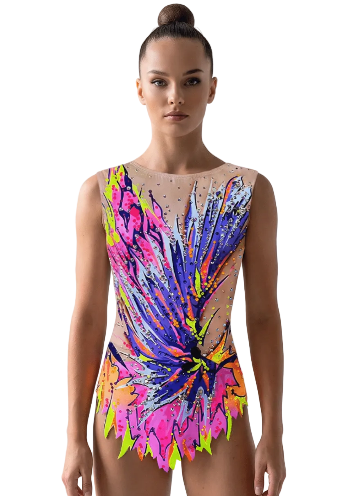 Maillot de gimnasia rítmica con base translúcida y explosión neon en rosa, morado y azul con pedrería brillante.
Maillot rítmico translúcido con degradados neón rosa, morado y amarillo, detalles de pedrería y diseño abstracto frontal dinámico.
Maillot rítmico translúcido con continuidad de diseño abstracto neón multicolor y pedrería dispersa creando efecto vibrante en la espalda.