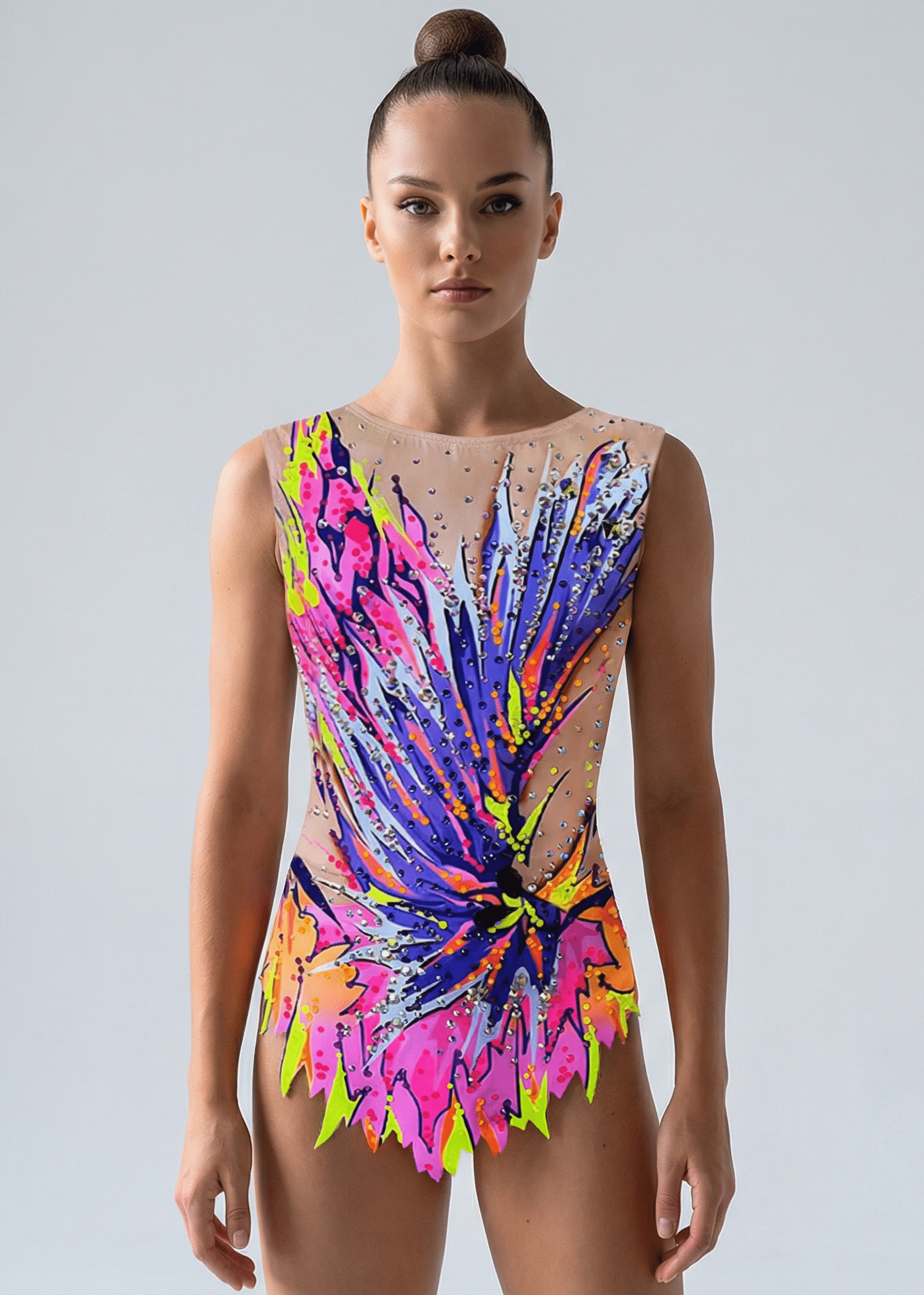 Maillot de gimnasia rítmica con base translúcida y explosión neon en rosa, morado y azul con pedrería brillante.
Maillot rítmico translúcido con degradados neón rosa, morado y amarillo, detalles de pedrería y diseño abstracto frontal dinámico.
Maillot rítmico translúcido con continuidad de diseño abstracto neón multicolor y pedrería dispersa creando efecto vibrante en la espalda.